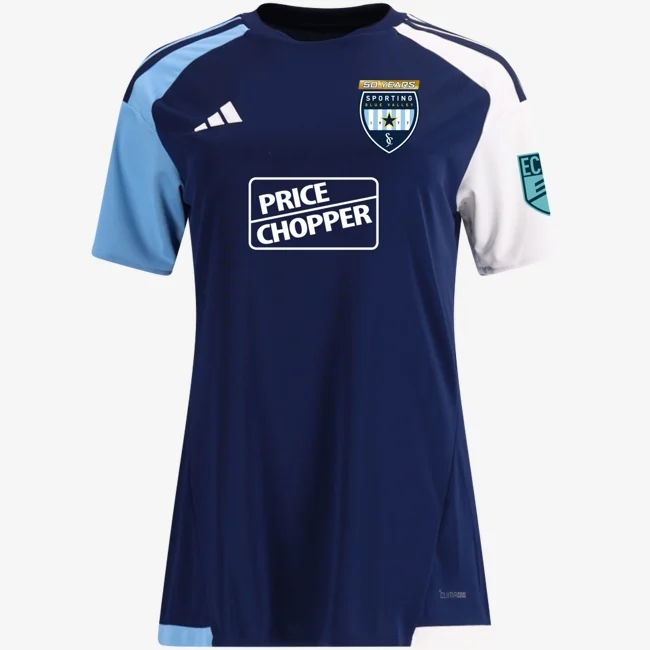 ECNL away jersey (navy with sky blue and white sleeves), front