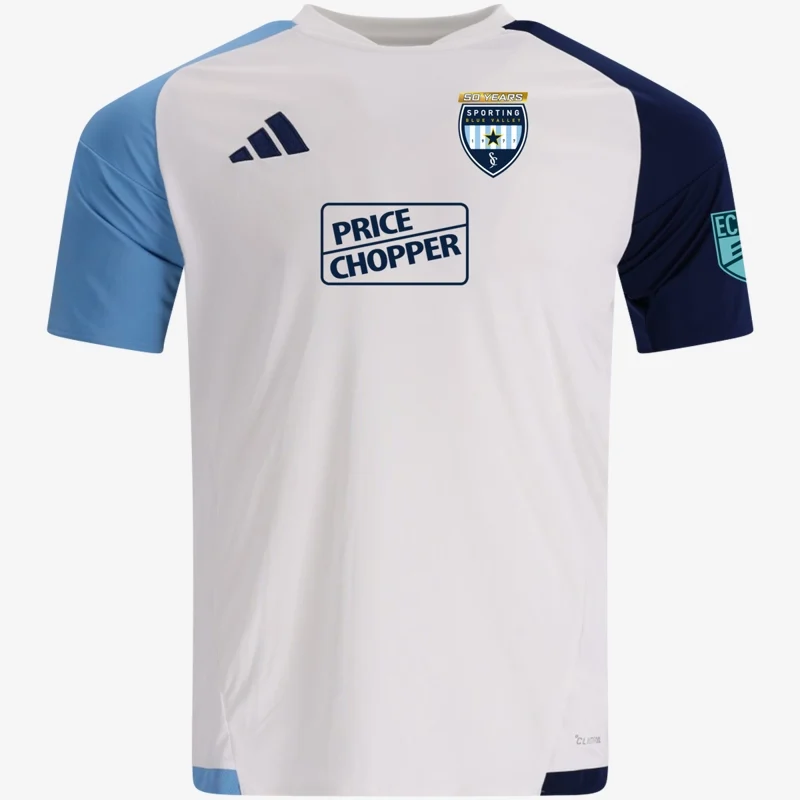 ECNL home jersey (white with sky blue and navy sleeves), front