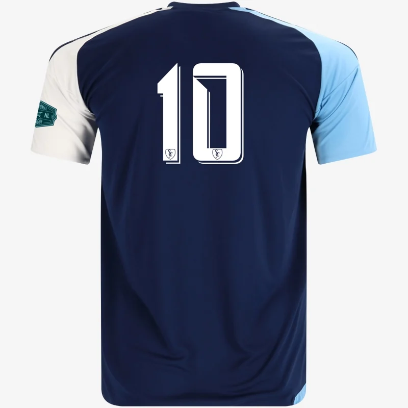 ECNL RL away jersey (navy with sky blue and white sleeves), back