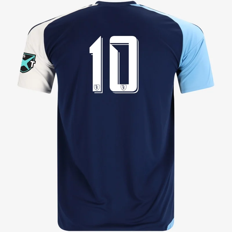 MLS NEXT away jersey (navy with sky blue and white sleeves), back