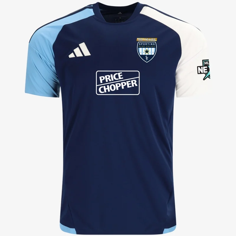 MLS NEXT away jersey (navy with sky blue and white sleeves), front