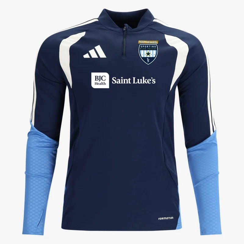 Navy warm-up jacket with sky blue sleeves, front
